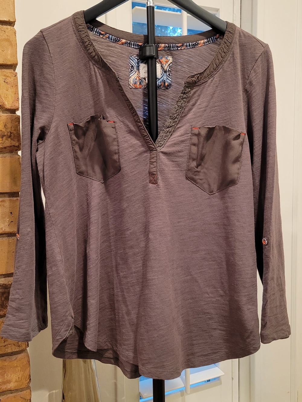Anthropologie Postmark Charcoal Long-Sleeve Henley with Chest Pockets